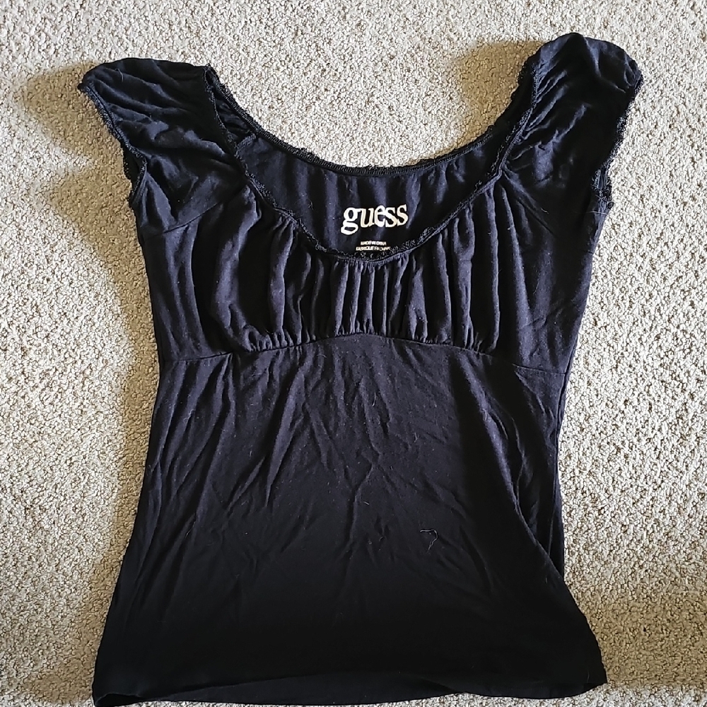 Guess Black Ruched Blouse with Cap Sleeves